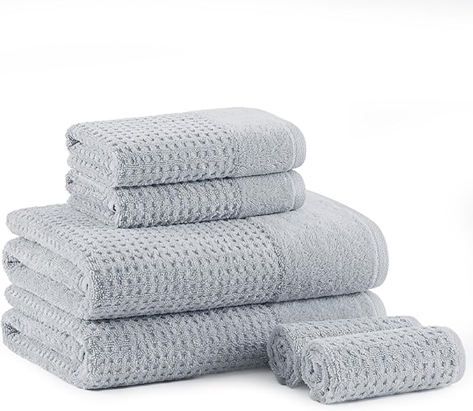 Madison Park Spa Waffle 100% Cotton Luxurious Towel Set, Premium Texture Waffle Weave, Highly Absorbent, Quick Dry, Hotel & Spa Quality Wash Clothes for Bathroom, Assorted Sizes, Blue 6 Piece
