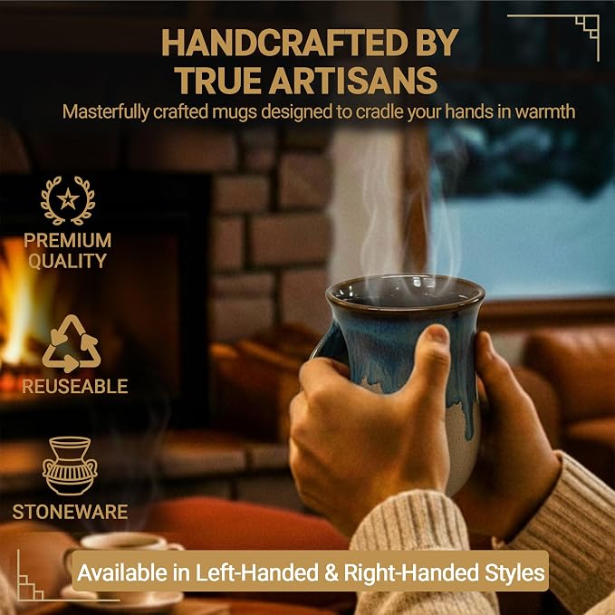 Clay in Motion Hand Warmer Coffee Mug – Handmade Coffee Mug With Comfortable Handle Contoured Pocket Hand Warming Ceramic Coffee Mug – Proudly Made in USA – Left Handed – 14 Oz - Mudslide
