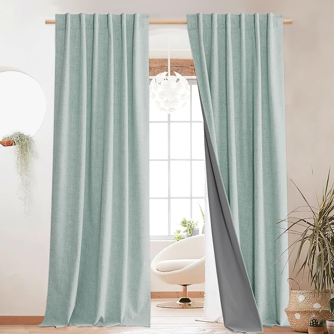 NICETOWN Seafoam Green Blackout Linen Curtains 95" Long, Rod Pocket Back Tab Full Light Blocking Drapes with White Thermal Insulated Liner for Nursery, Hall, Villa (2 Pieces, 52" Wide Each Panel)