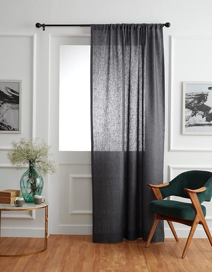 Solino Home European Flax Linen Curtain Charcoal Grey, 52 x 108 Inch Light Filtering Rod Pocket Curtain 108 Inches Long, 100% Pure Linen Window Treatment for Living Room, Bedroom - 1 Panel