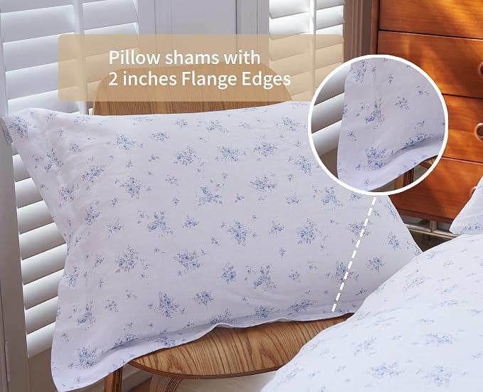 100% French Flax Linen Duvet Cover Set King Size, 3pcs Comforter Digital Botanical Printed Rose Farmhouse Floral Bedding with Button Closure and 8 Corner Ties(Blue Rose, King)
