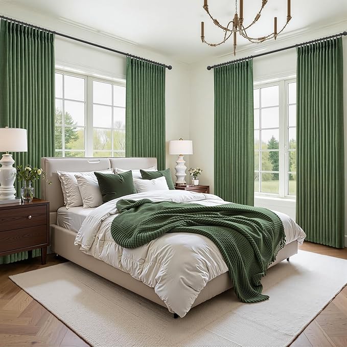 Blackout Loden Thick Linen Curtains 86 Inches Long for Classroom 2 Panel Set, Memory Trained Pinch Pleated Two Layer Insulated Drapes Sound Dampening Farmhouse Dark Green Light Blocking Window Curtain