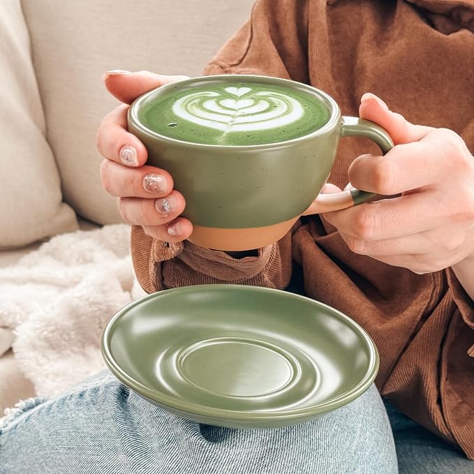 MORA Ceramic Latte Art Mug With Saucer - 10.5 oz, Round Bottom For Perfect Pours - Cafe Cups for Cappuccino, Espresso, Coffee, Tea etc - Porcelain Set for Baristas, Great Gift - Moss Green