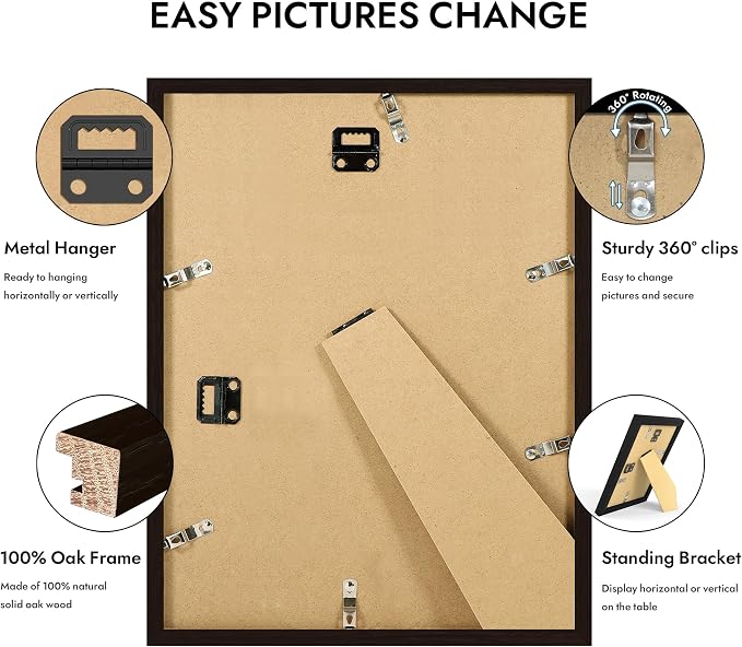 Hongkee 10x13 Oak Wood Picture Frame 1 Pack(Matted 8.5x11) Real Glass Cover | Black, 10 x 13 Solid Wood Frame for Wall or Tabletop Display - Includes Easel Back, Vertical Hang - Ideal for Home, Office