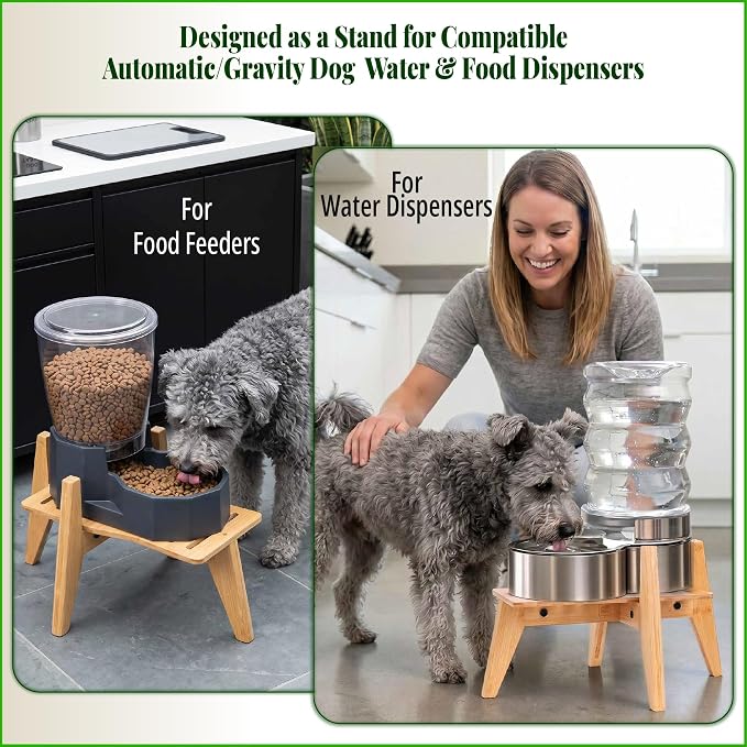 Stand for Dog Water Food Dispensers, Suitable for Medium Breeds - Bamboo Holder for Elevated Raised Automatic Gravity Dog Feeders - Medium Size
