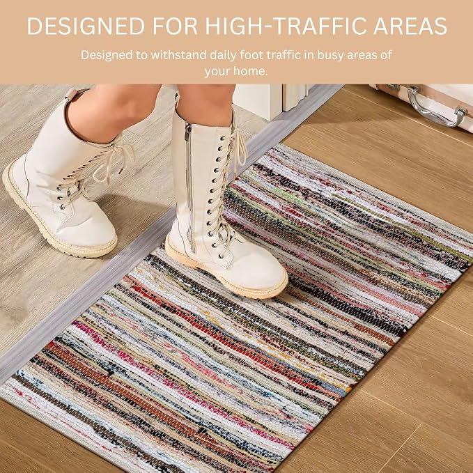 WeWove Hand Woven Chindi Rug Cotton - Boho Rustic Farmhouse Area Accent Throw Rug - Area Floor Carpet for Bedroom Living Room Kitchen Dorm Entryway Hallway - 20x32 inch Area Rug Pastel Multicolor