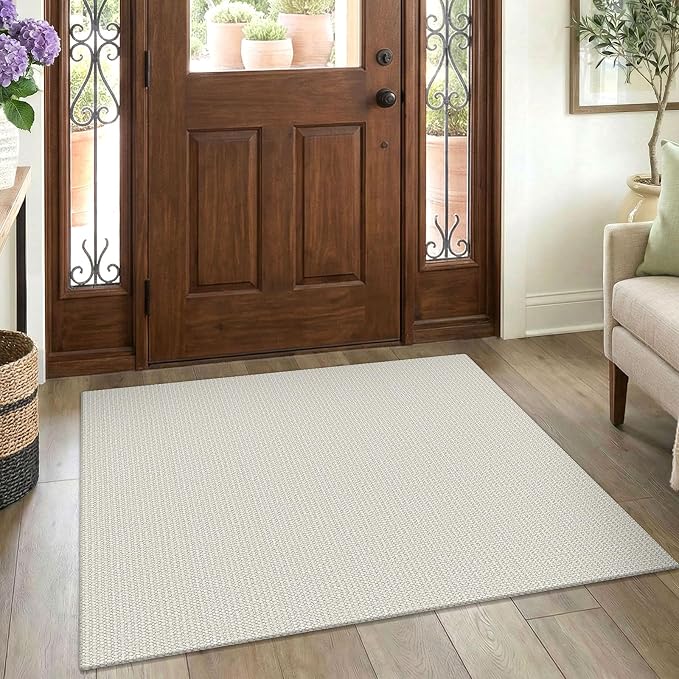 EARTHALL Washable Area Rug 3x4 Ft Non Slip Rugs for Entryway Braided Rubber Backed Throw Rugs Door Mat Indoor Outdoor Entrance Cotton Woven Rug for Kitchen Foyer Front Door Living Room, Cream/Grayish