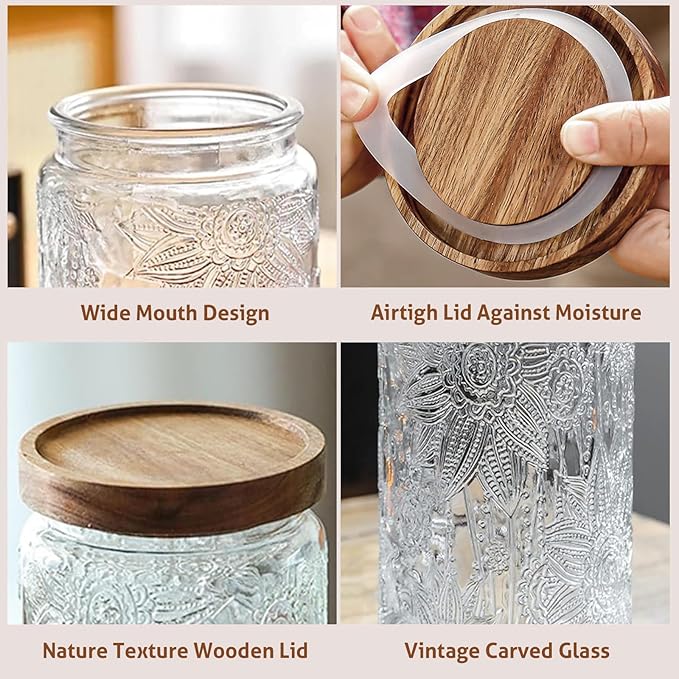 24 OZ Airtight Glass Storage Jar with Bamboo Lid - Vintage Glass Jar Vintage Food Containers Canisters Set for Kitchen Counter & Pantry - Ideal for Sugar, Flour, Coffee, Tea, Candy, Oats, Cereal | 24oz Decorative Container Set with Silicone-Sealed Bamb...