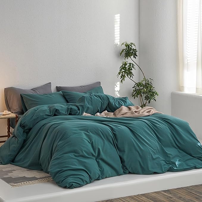 MooMee Full Duvet Cover Set, 100% Washed Cotton Linen Like Twill Thick Sturdy Material Super Soft Breathable Durable Bedding for All Season, 3 Pieces (Green, Full 80"x90")