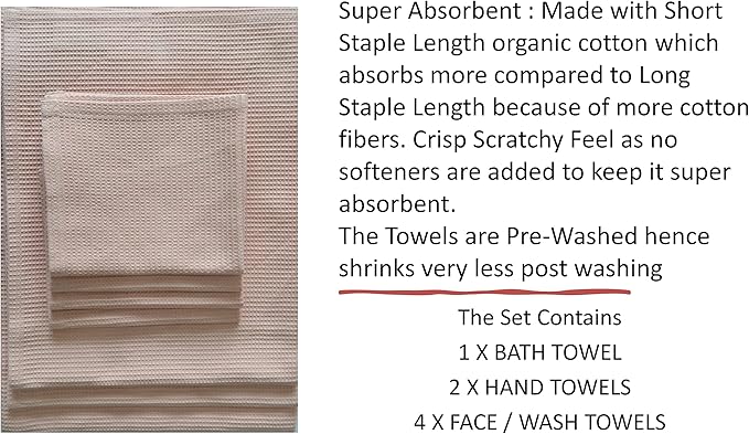 Waffle Bath Towel Set Organic Cotton GOTS Certified Pearl Blush Super ABSORBANT & Quick Dry NO SOFTENERS Environment Friendly 1xBATH 58x30.5, 2xHAND 29x20, 4xFACE 12x12INCH