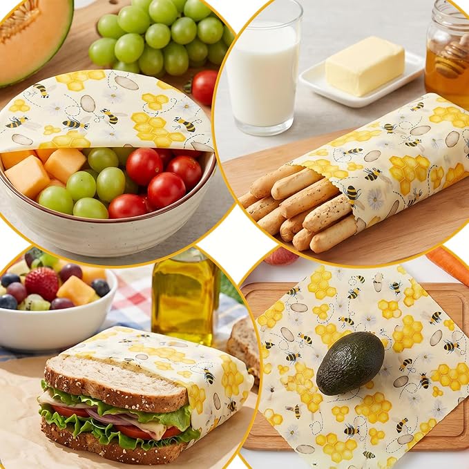 KFHESOMR 3 Pack Beeswax Wraps for Food, Reusable Food Wraps, Beeswax Wraps | Reusable Beeswax Wraps Roll , Organic Sustainable Beeswax Food Wraps, Cut-to-Size, for Bread, Sandwich, Cheese, Fruit, Snack