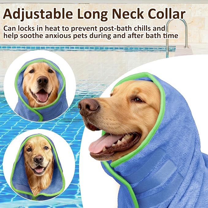 Soft Dog Bathrobe Fast Drying Dog Coat, Super Absorbent Dog Towels for After Bath, Microfiber Pet Robe Adjustable Collar & Belly Warm Keeping Dogs Coat for Pet Dogs & Cats (Blue, Medium)