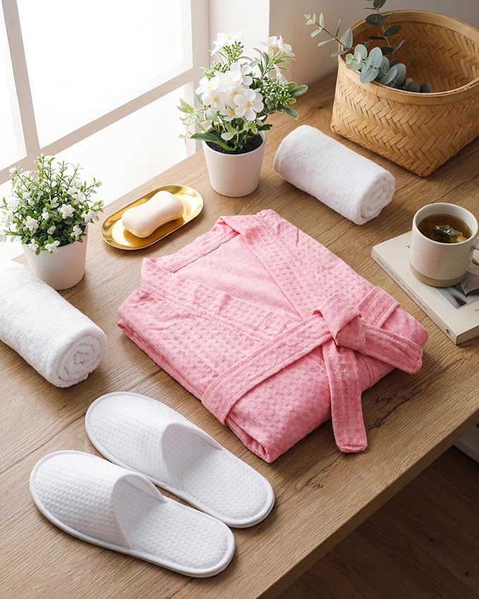 Jecery Waffle Bathrobe and Slippers Bulk Set Spa Robes Hotel Bath Lightweight Thin Commercial Soft for House Shower Party