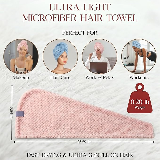 2 Pack Microfiber Hair Towel Wrap for Women 26 x 10 in | Hair Drying Towel with Button and Band | Hair Turban Towel Quick Dry Waffle Coral Fleece Head Towels (Pink + Blue)