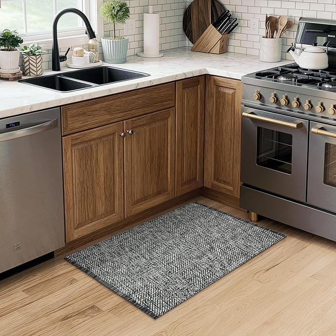 LEEVAN Washable Bathroom Rug, 2'x3' Black Woven Entryway Rug Front Door Mat Cotton Small Kitchen Rugs, Modern Reversible Laundry Room Farmhouse Carpet for Foyer Front Porch Decor