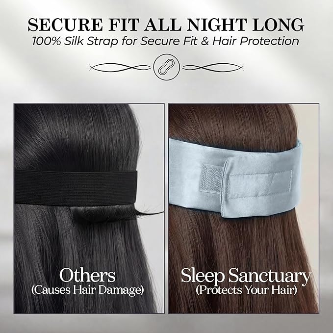 SLEEP SANCTUARY 100% Pure Mulberry Silk Sleep Mask - 22 Momme Light Blocking Hook & Loop Silk Eye Mask for Sleeping - Secure Fit for Side Sleepers, Women & Men - Cloud Soft (Misty Blue)