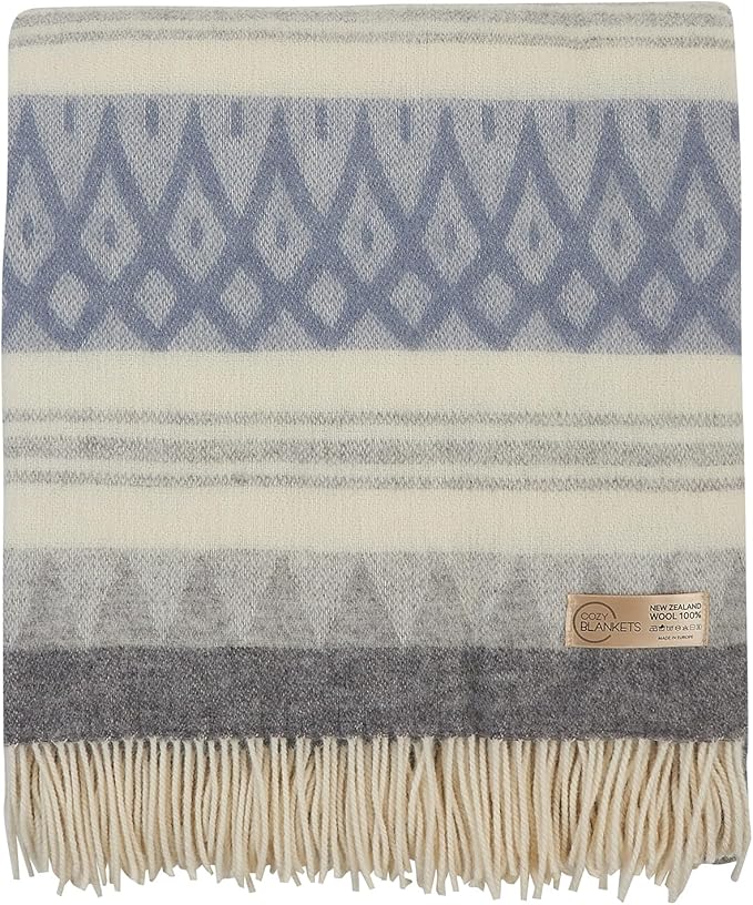 | Wool Blanket/Throw | 100% New Zealand Wool | Perfect for Home and Outdoors | Virgin Wool Throw with Fringes 75"x87" (190 x 220 cm)