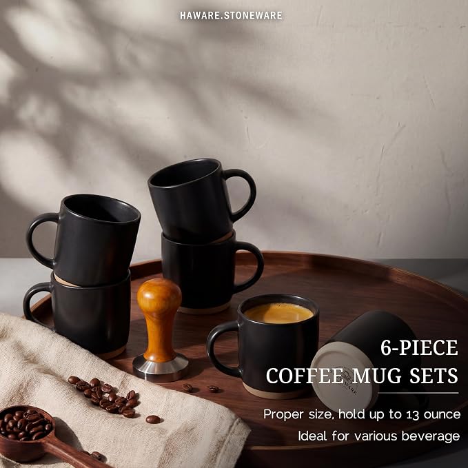 HaWare 13OZ Coffee Mugs Set of 6, Stoneware Coffee Cups, Ceramic Latte Mug for Man, Woman, Dad, Mom, Modern Tea Mugs for Latte/Cappuccino/Cocoa/Milk, Dishwasher& Microwave Safe, Frosting Black