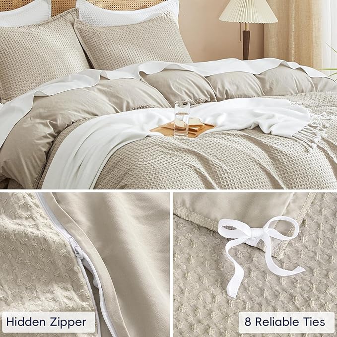 PHF Waffle Weave Duvet Cover Set King Size, No Snagging Ultra Soft Luxury Textured Breathable Comforter Cover for All Season 3pcs, Durable Bedding Duvet Set with 2 Pillow Shams, 104"x90", Linen