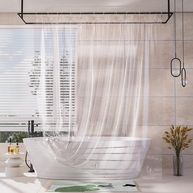 AmazerBath Shower Curtain Liner, 100% EVA Silky Soft Clear Heavy Duty Shower Curtain and Liner 2-in-1, 72x72 Luxury Plastic Weighted Bathroom Shower Liner, 12 Rustproof Grommets & 3 Heavyweight Stones