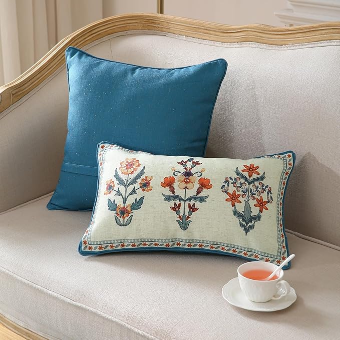ISAENNE Design Lumbar Linen Throw Pillow Covers 12"x20" Pack of 2, Blue Country Cushion Covers with Colorful Wildflower Pattern Decor Rectangle Pillowcases for Bed,Living Room,Outdoor,Car