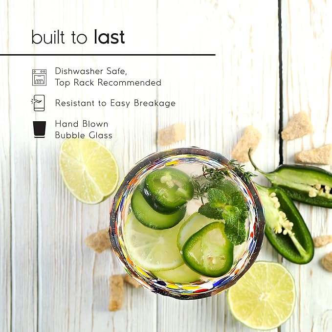 Confetti Rocks 10 oz Tumbler Glasses (set of 6) | Hand Blown Drinking Glasses, Multicolor Mexican Glassware Tumblers for Water, Juice, Margaritas & Cocktails | Lead-free, Toxin-Free