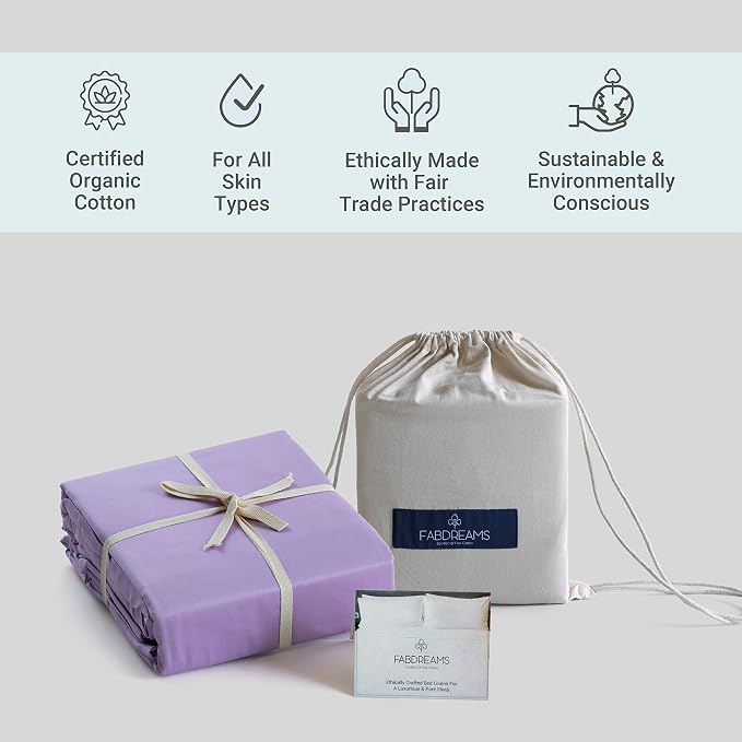 Fabdreams 100% Organic Cotton Twin XL Size Sheet Set | 400 Thread Count Sheet Set | GOTS Certified | Long Staple Cotton | Upto 17" Elasticised Deep Pockets | Soft Silky Shiny | Lilac