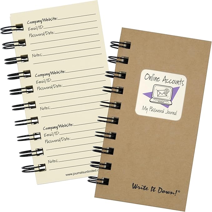 Write it Down series by Journals Unlimited, Online Accounts, My Password Journal, Mini-Size 3”x5.5”, Kraft Hard Cover, Made in USA