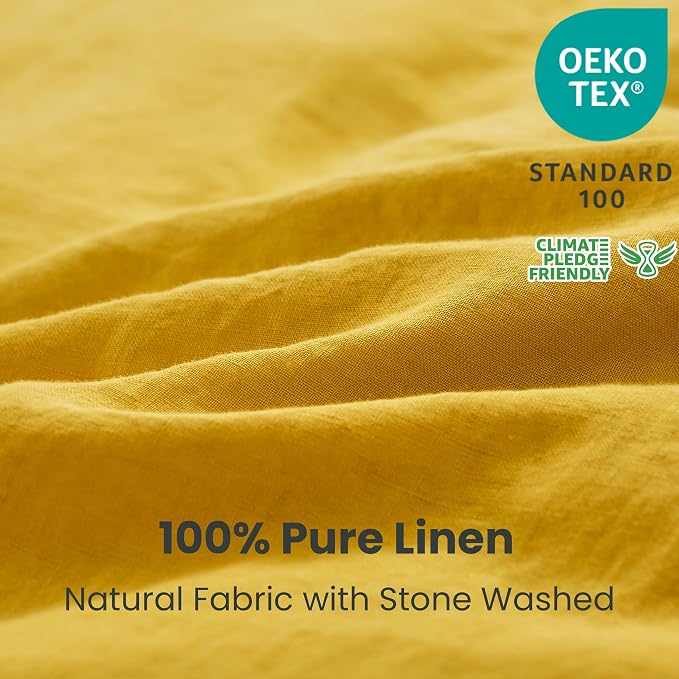 Simple&Opulence 100% Linen Duvet Cover Set 3pcs with Coconut Button Closure Natural French Washed Flax Solid Color Soft Breathable Farmhouse Bedding - Mustard Yellow, King Size
