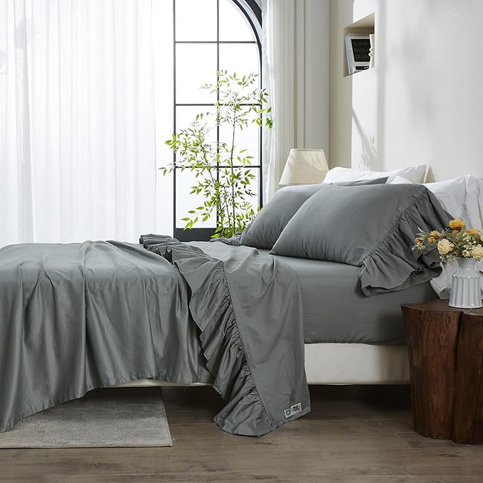 Simple&Opulence 100% Organic Cotton Sheet Set, Long Ruffle Bed Sheets (1 Flat Sheet, 1 Fitted Sheet and 1 Pillowcase) Elegant Shabby Chic Bedding Farmhouse Charming Vintage - Grey, Twin