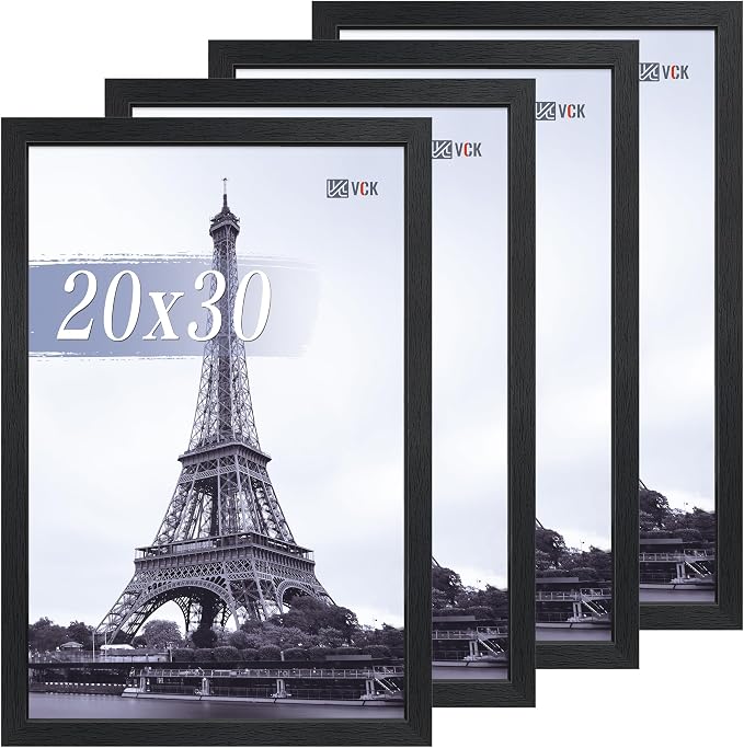 VCK 20x30 Frame 4 Pack - Black, Gallery-Quality Wood Picture Frames, 1.1-Inch Wide Border, Polished Plexiglass, No Mat, Vertical or Horizontal Wall Display for Photo/Art/Prints