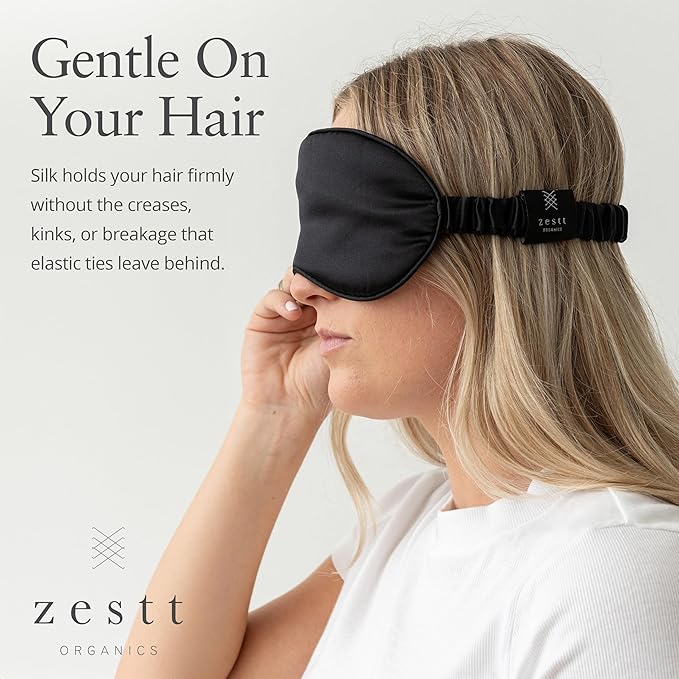Zestt Organics Silk Sleep Mask Set, 100% Mulberry Silk Eye Mask for Women with Hair Scrunchie & Matching Carry Bag (Black)