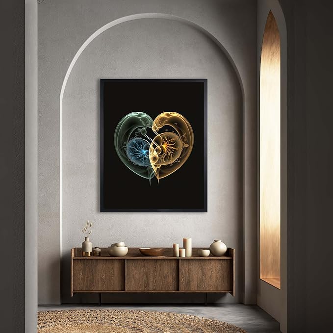InkFlow Posters Abstract Heart Poster - Colorful Fractal Digital Art - Vibrant Green and Yellow Swirls for Living Room, Bedroom, Home - Modern Wall Decor - 11x14 Unframed Canvas Print