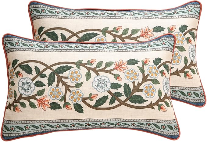 ISAENNE Design Lumbar Retro Elegant Linen Throw Pillow Covers 12"x20" Pack of 2, Blue Gray Floral Vine Pattern Cushion Covers Decor Rectangle Pillowcases for Bed,Living Room,Outdoor,Car