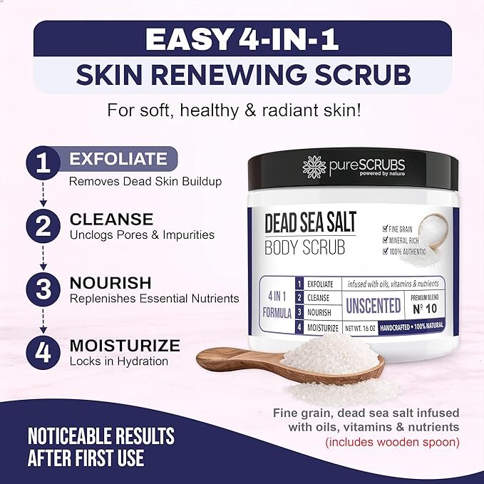 pureSCRUBS Premium Unscented Body Scrub Set - Large 16oz Dead Sea Salt Scrub, Sensitive Dry Skin Formula Includes Wooden Spoon, Loofah & Oatmeal Exfoliating Bar Soap - Spa Gift For Women