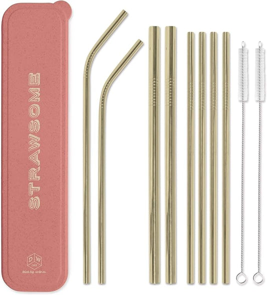 DesignWorks Ink Reusable Stainless Steel Straws with Case - Includes 2-Bendy Straws, 2-Smoothie Straws 4-Metal Straws, 2-Straw Cleaner Brushes in Coral Pink "Strawsome" Straw Holder Travel Case