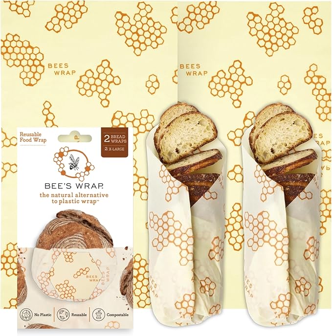 Bee's Wrap Beeswax Wraps for Bread - 2 Pack Beeswax Bread Wrap for Sourdough & Bread Storage - Plastic Free Made in USA Reusable Natural Food Wrap - & Honeycomb