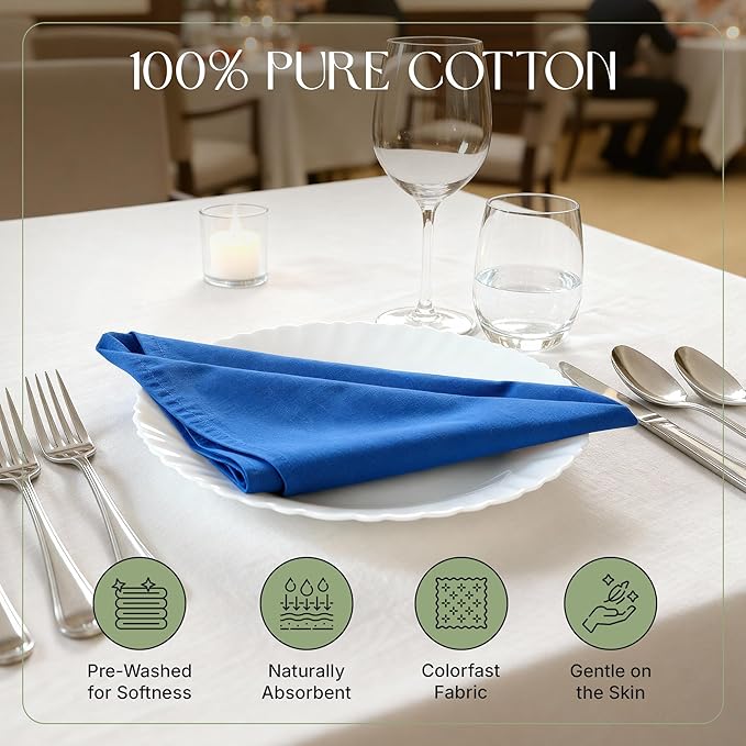 Cloth Napkins Set of 12, 100% Cotton Fabric Reusable Dinner Napkins, 18 x 18 Inch Washable Table & Kitchen Napkins for Everyday Dining, Entertaining, Home & Restaurant Use, Blue