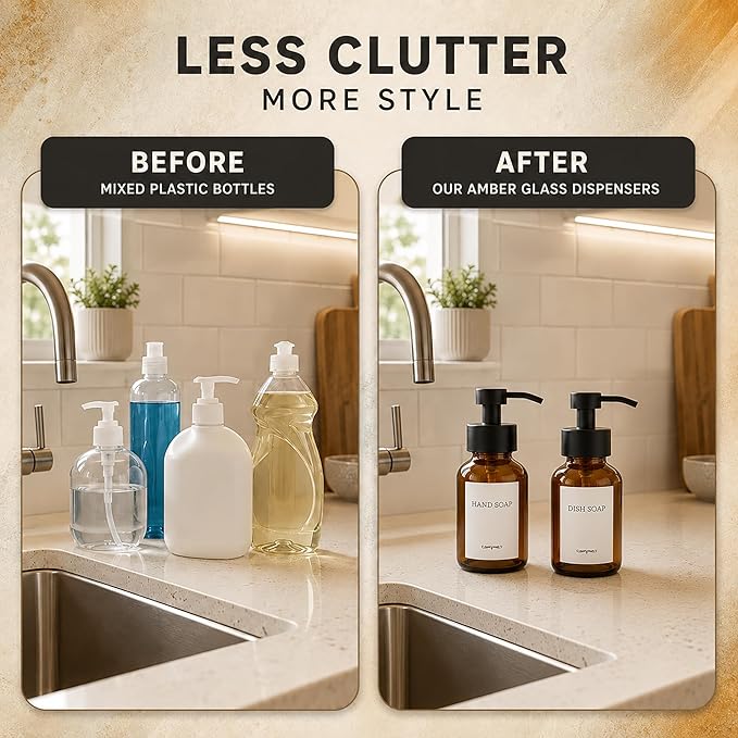 2Pcs Amber Glass Foaming Soap Dispenser - 8.5 oz Amber Glass Soap Dispenser with Pump, Compatible with Hand Soap, Dish Soap, Shampoo and Gel, Durable, Stylish & Refillable for Bathroom and Kitchen