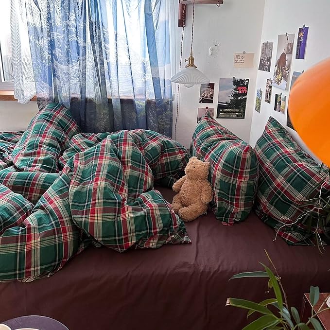 mixinni Vintage Green Buffalo Plaid Washed Cotton Duvet Cover King - Soft Breathable Textured Bedding Set with Zipper Closure for All Seasons-1 Duvet Cover + 2 Pillow Shams-King Size