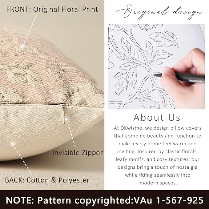 Vintage Floral Print Throw Pillow Covers 24x24 Set of 2 Neutral Modern Farmhouse Pillowcases Accent Decorative Cushion Covers Boho Home Decor for Couch Sofa Chair Bed Living Room, Champagne Pink