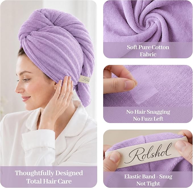 ROLSHOL Cotton Hair Towel Wrap for Women, 2 Pack 100% Cotton Hair Drying Towels for Long, Thick & Curly Hair, 32" x 11" Large Hair Turban for Wet Hair with Elastic Band (Purple)