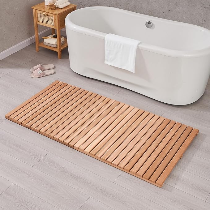 bingaai Cedar Wood Shower Mat 59" × 29.53", Cedar Wooden Bath Mats, Wood Bath Mat for Inside or Outside Shower, Cedar Sauna Floor Mat Extra Large, Non-Slip Shower Platform