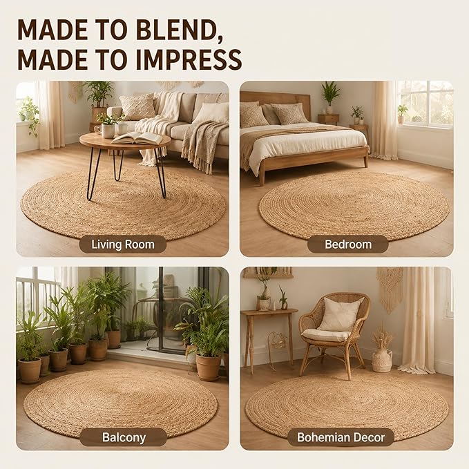 THE BEER VALLEY Jute Braided Area Rug 4 Feet Round - Natural | Reversible Handwoven Farmhouse Circle Rugs for Living Room, Bedroom, Nursery, Kitchen - Rustic Floor Mat for Porch Décor