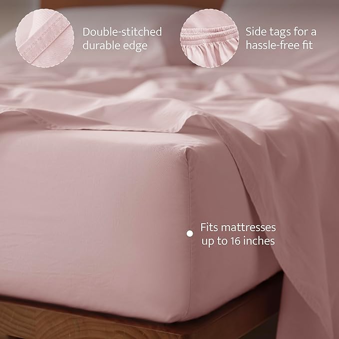 Double Stitch 100% Organic Cotton Sheets, King Size Sheets Set, GOTS Certified Long Staple Cotton Bedsheets, Luxury & Soft Hotel Bed Sheets with 16 inches Deep Pocket, Made in India Light Pink