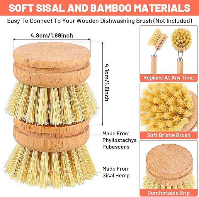 12 Pcs Bamboo Dish Brush Replacement Heads, Small Wooden Dish Brushes for Cleaning Natural Sisal Bristle Refills Eco Friendly Wood Compostable Scrubber Heads for Kitchen Dishes Cleaning Supplies