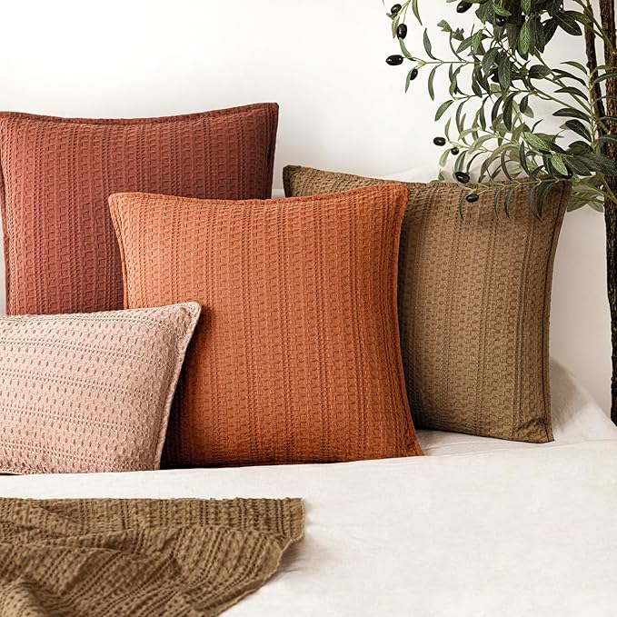 Foindtower Set of 2 Decorative Cotton Waffle Weave Throw Pillow Covers Euro Shams Cushion Covers Accent European Pillowcase for Bed Couch Sofa Bedroom Living Room Home Decor 24×24 Inch Burnt Orange
