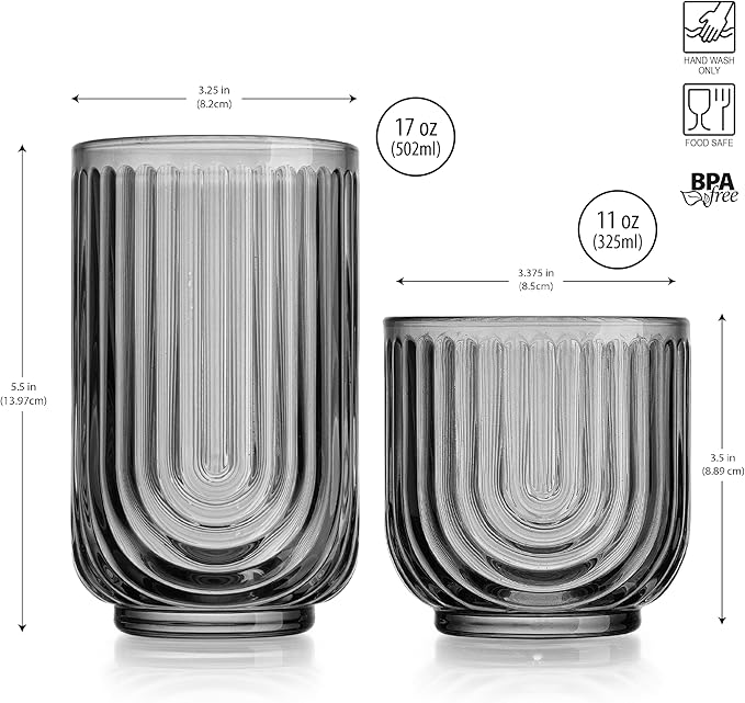 Glaver's 8 Piece Smoke Glassware Set, Art Deco Black Drinking Glasses, Ribbed U-Shape Design, 4 Highball 17oz and 4 Whiskey 11oz DOF Arch Drinkware