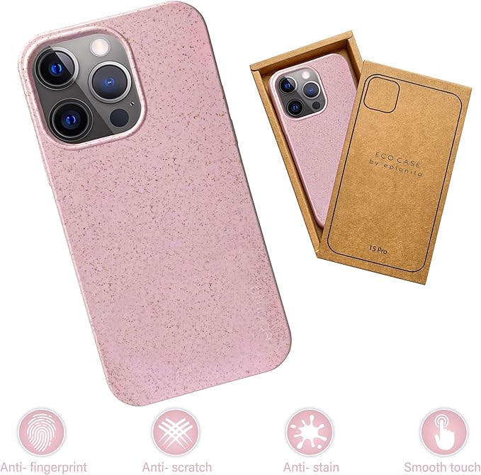 eplanita Eco Mobile Phone Case Compatible with iPhone 15 Pro, Plant Fiber, Drop Protection Cover, Durable and Sustainable (for iPhone 15 Pro, Pink)