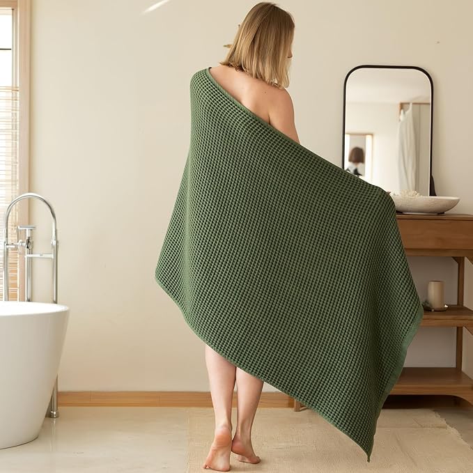 Premium Waffle Bath Towels Pack of 2 Extra Large 35x71 inch - 100% Turkish Cotton, Waffle Weave, Quick Dry, Lint Free, Oversized, Thin Bath Sheet Towel (Dark Green, Set of 2 Bath Towels)